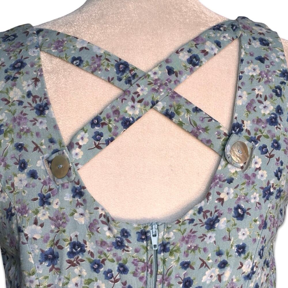 Vintage All That Jazz Baby Blue Floral Sleeveless Open Cross Back Mini Dress - Picture 9 of 9